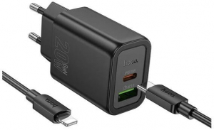 Hoco N61 USB-A, USB Type-C hálózati töltő adapter 20W fekete + USB-C - Lightning kábel