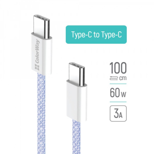 ColorWay USB Type-C - USB Type-C szőtt bor&iacute;t&aacute;s&uacute; adat- &eacute;s t&ouml;ltők&aacute;bel 1m lila (CW-CBPDCC061-PU)