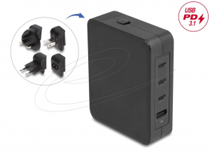 Delock USB GaN t&ouml;ltő 3x USB Type-C PD 3.1 + 1x USB Type-A 145W EU/USA/UK fekete (41473)