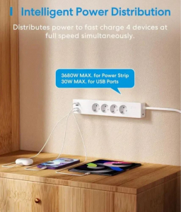 Meross MSP844SMA Matter okos hosszabb&iacute;t&oacute; 4 aljzat + 2x USB-A &eacute;s 2x USB-C feh&eacute;r