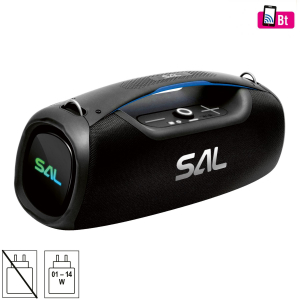 SAL hordozható boombox, vezeték nélküli hangszóró, 100 W, IPX5, BT TWS, AUX, USB/microSD, Soft Touch gombok, ~10 h üzemidő, USB-C töltőkábel (BT9000)