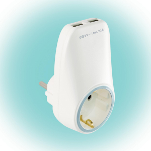 Home h&aacute;l&oacute;zati aljzat USB t&ouml;ltőaljzatokkal, 2xUSB t&ouml;ltőaljzat 5V/max.2,1A, f&ouml;ldelt h&aacute;l&oacute;zati aljzat gyermekv&eacute;dő zsaluval (NV 2100 USB)