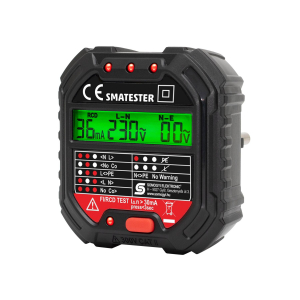 SMA Home  konnektor teszter, LED visszajelzők, Voltmérő, L-N, N-E, RCD mA, Fi és RCD relé ellenőrző, elem nélkül működik, max. 250 V~ aljzatokhoz (TES