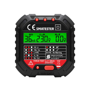 SMA Home  konnektor teszter, LED visszajelzők, Voltmérő, L-N, N-E, RCD mA, Fi és RCD relé ellenőrző, elem nélkül működik, max. 250 V~ aljzatokhoz (TES