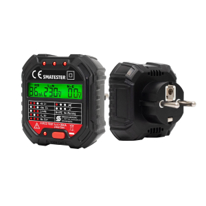 SMA Home  konnektor teszter, LED visszajelzők, Voltmérő, L-N, N-E, RCD mA, Fi és RCD relé ellenőrző, elem nélkül működik, max. 250 V~ aljzatokhoz (TES