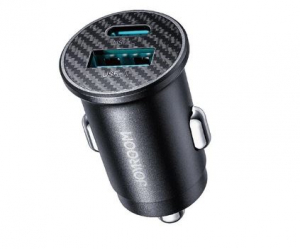 Joyroom aut&oacute;s t&ouml;ltő USB+Type-C aljzat (15W, PD gyorst&ouml;ltő, mini, karbon minta) fekete (JR-CCN16)