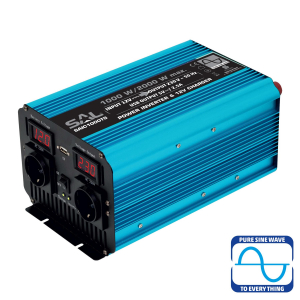 SAL fesz&uuml;lts&eacute;g&aacute;talak&iacute;t&oacute;, ~1000 W n&eacute;vleges telj., tiszta szinuszos, 2 v&eacute;dő&eacute;rintkezős aljzat, sz&uuml;netmentes t&aacute;pegys&eacute;g, USB, visszajelző LED, l&aacute;gyind&iacute;t&aacute;s