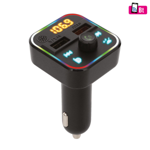 SAL autós kihangosító és töltő, 5 in 1, FM modulátor, dupla USB gyorstöltő, feszültségmérő, basszus-kiemelés gomb (FMBT 18RGB)