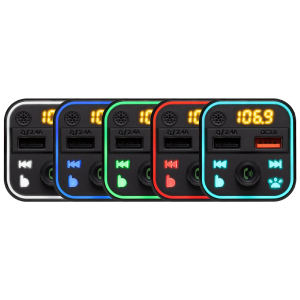 SAL autós kihangosító és töltő, 5 in 1, FM modulátor, dupla USB gyorstöltő, feszültségmérő, basszus-kiemelés gomb (FMBT 18RGB)