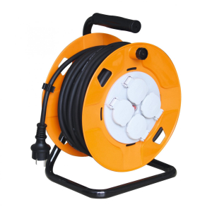 Home kábeldob, 25 m, fém talp, IP44, H05RR-F 3G 2,5 mm2 gumi kábel, max. 3600 W, 4 aljzat takarófedéllel, védőkapcsoló (HJR 10-25/2,5)