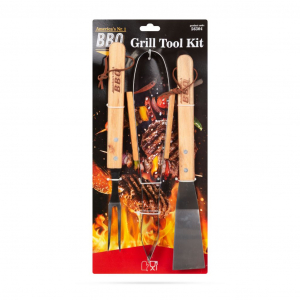BBQ grillező eszköz szett (csipesz, húsvilla, lapát) fa nyéllel (56304)