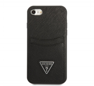 Guess Saffiano Double Card Apple iPhone SE 2022/2020/8/7 bőr h&aacute;tlap tok, fekete (GUHCI8PSATPK)