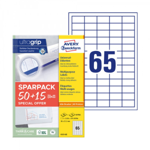 Avery Etikett c&iacute;mke, 38x21,2mm, univerz&aacute;lis, 65 lap, 65 c&iacute;mke/lap , feh&eacute;r (6121-65)
