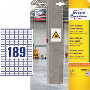 Avery Etikett c&iacute;mke, 25,4 x10mm, szuper tapad&aacute;s&uacute; 189 c&iacute;mke/&iacute;v, 20 &iacute;v/doboz,  feh&eacute;r (L7871-20)