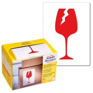 Avery Etikett c&iacute;mke, piktogram T&ouml;r&eacute;keny, &oacute;vatosan kezelendő! 74 x100mm,tekercses, 200 c&iacute;mke/doboz,  piros (7251)