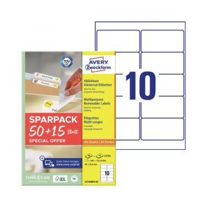 Avery Etikett c&iacute;mke, 96x50,8 mm, univerz&aacute;lis, 65 lap, 10 c&iacute;mke/lap , feh&eacute;r (L4744REV-65)