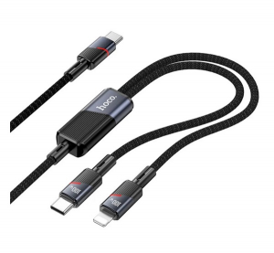 Hoco adatk&aacute;bel 2in1 (Type-C - lightning/Type-C, 100W, gyorst&ouml;ltő, 120cm, cipőfűző) FEKETE (U139)