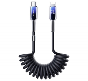 JOYROOM CRYSTAL CLEAR adatk&aacute;bel (Type-C - lightning, 30W, 2A, PD gyorst&ouml;ltő, 150cm, spir&aacute;lk&aacute;bel) FEKETE (S-A43_C_L)