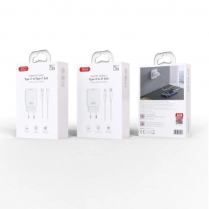 XO CE25 Fehér Hálózati Töltő szett PD25W 1*USB-C + USB-C / Lightning kábellel