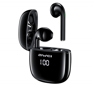 Awei bluetooth fülhallgató SZTEREO (v5.0, TWS, aktív zajszűrő, vízálló, LED kijelző + töltőtok) FEKETE (T28P)