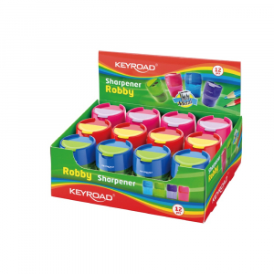Keyroad Hegyező 2 lyuk&uacute; tart&aacute;lyos, fedeles, f&eacute;m belsővel 12 db/display  Robby vegyes sz&iacute;nek (KR971297)