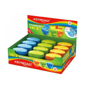 Keyroad Hegyező 3 lyuk&uacute; tart&aacute;lyos, fedeles 12 db/display  Tris vegyes sz&iacute;nek (KR971431)