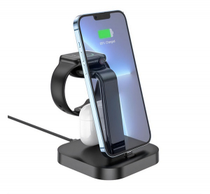 Hoco CW43 asztali t&ouml;ltő&aacute;llv&aacute;ny 3in1 (5W, wireless, Apple Watch t&ouml;ltő) FEKETE Apple iPhone 16e / iPhone 16 / iPhone 16 Plus (CW43_B)