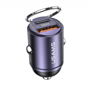 Usams C38 aut&oacute;s t&ouml;ltő USB+Type-C aljzat (30W, PD gyorst&ouml;ltő, mini) LILA (CC206CC01_P)