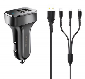 Usams KING TU C13 autós töltő 2 USB aljzat (10W, LED jelzés + lightning/microUSB/Type-C kábel) FEKETE (NTU35YTSC13TZ)