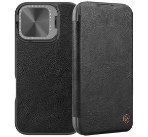 Nillkin QIN PROP tok &aacute;ll&oacute;, bőr hat&aacute;s&uacute; (FLIP, oldalra ny&iacute;l&oacute;, k&aacute;rtyazseb, kamerav&eacute;dő, kit&aacute;maszt&oacute;) FEKETE Apple iPhone 16 (GP-163216)