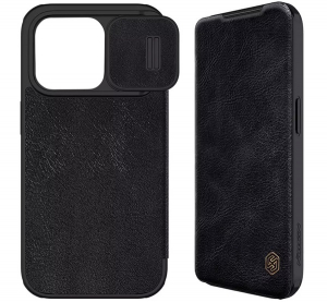 Nillkin QIN PRO tok &aacute;ll&oacute;, bőr hat&aacute;s&uacute; (FLIP, oldalra ny&iacute;l&oacute;, k&aacute;rtyazseb, kamerav&eacute;dő) FEKETE Apple iPhone 15 Pro (GP-148105)