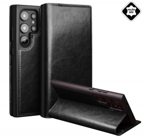 QIALINO tok &aacute;ll&oacute;, val&oacute;di bőr (FLIP, oldalra ny&iacute;l&oacute;, asztali tart&oacute;) FEKETE Samsung Galaxy S25 Ultra (SM-S938) (GP-166216)