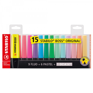 STABILO Sz&ouml;vegkiemelő k&eacute;szlet 2-5mm, v&aacute;gott hegyű  Boss original, 15 k&uuml;l&ouml;nb&ouml;ző sz&iacute;n (7015-01-5)