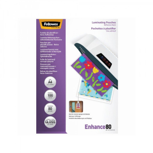Fellowes Lamin&aacute;l&oacute; f&oacute;lia, A4, 80 mikron, f&eacute;nyes, &ouml;ntapad&oacute; h&aacute;tlappal, 100 db/doboz,  (5302202)