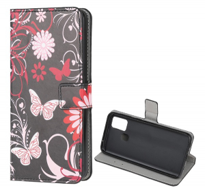 gigapack Tok &aacute;ll&oacute;, bőr hat&aacute;s&uacute; (FLIP, oldalra ny&iacute;l&oacute;, asztali tart&oacute;, pillang&oacute;, vir&aacute;g) FEKETE Samsung Galaxy A21s (SM-A217F) " csomagol&aacute;s" (GP-97384)