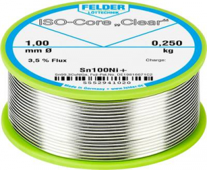 Felder ISO-Core Clear Sn100Ni+ Forraszt&oacute;&oacute;n, &oacute;lommentes Tekercs Sn99,25Cu0,7Ni0,05 0.250 kg 1 mm (5552941020)