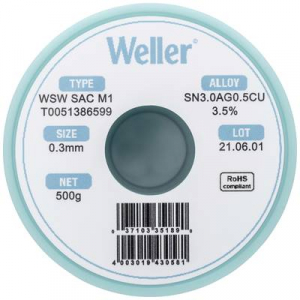 Weller Forraszt&oacute;&oacute;n, &oacute;lommentes Tekercs, &Oacute;lommentes Sn3,0Ag0,5Cu 500 g 0.30 mm (T0051386599)