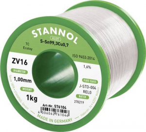 Stannol ZV16 Forraszt&oacute;&oacute;n, &oacute;lommentes &Oacute;lommentes Sn99,3Cu0,7 REL0 1000 g 1 mm (576104)