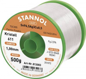 Stannol Kristall 611 Fairtin Forraszt&oacute;&oacute;n, &oacute;lommentes &Oacute;lommentes Sn96,5Ag3Cu0,5 REM1 500 g 1 mm (813003)