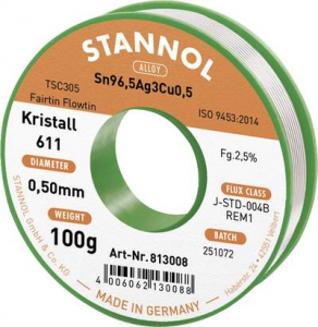 Stannol Kristall 611 Fairtin Forraszt&oacute;&oacute;n, &oacute;lommentes &Oacute;lommentes Sn96,5Ag3Cu0,5 REM1 100 g 0.5 mm (813008)
