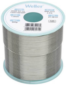Weller Forraszt&oacute;&oacute;n, &oacute;lommentes, tekercs,  WSW SC L0 Sn0.7Cu 500 g 1.0 mm (T0051387899)