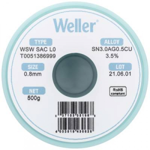 Weller WSW SAC L0 Forraszt&oacute;&oacute;n, &oacute;lommentes Tekercs Sn3,0Ag0,5Cu 500 g 0.8 mm (T0051386999)