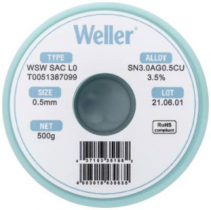Weller WSW SAC L0 Forraszt&oacute;&oacute;n, &oacute;lommentes Tekercs Sn3,0Ag0,5Cu 500 g 0.5 mm (T0051387099)