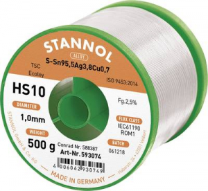 Stannol &Oacute;lommentes forraszt&oacute;huzal 1mm/500g Sn95Ag4Cu1 HS10 2510,  (593042)