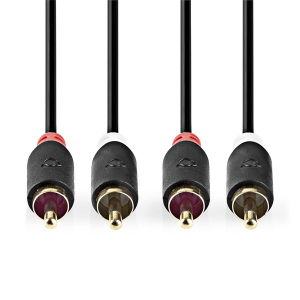 Nedis sztereo audi&oacute; k&aacute;bel 2x RCA f&eacute;rfi,  2x RCA f&eacute;rfi, Aranyozott,  5 m , kerek,  Antracit (CABW24200AT50)