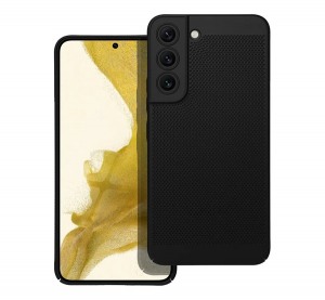 Műanyag telefonv&eacute;dő (l&eacute;g&aacute;teresztő, lyukacsos, kamerav&eacute;dő) FEKETE Samsung Galaxy S22 (SM-S901) "Gigapack csomagol&aacute;s" (GP-142561)