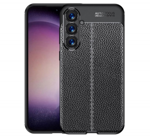 Szilikon telefonv&eacute;dő (&uuml;t&eacute;s&aacute;ll&oacute;s&aacute;g, bőr hat&aacute;s&uacute;, varr&aacute;s minta) FEKETE Samsung Galaxy S23 FE (SM-S711) "Gigapack csomagol&aacute;s" (GP-148383)