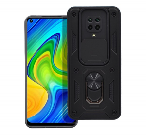 Defender szilikon telefonv&eacute;dő (&uuml;t&eacute;s&aacute;ll&oacute;s&aacute;g, tart&oacute;gyűrű, kamerav&eacute;dő) FEKETE Xiaomi Redmi Note 9 Pro / Redmi Note 9S "Gigapack csomagol&aacute;s" (GP-134103)