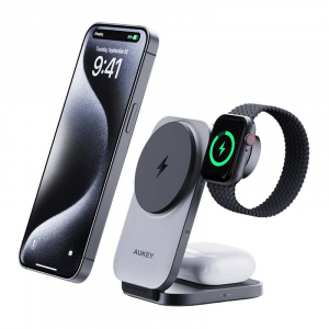 Aukey MagFusion 3 az 1-ben m&aacute;gneses t&ouml;ltő, 15W, Qi2 (sz&uuml;rke) (LC-MC312)