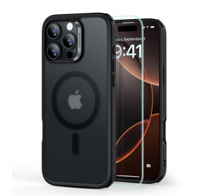 ESR HYBRID HALOLOCK szilikon telefonv&eacute;dő (&uuml;t&eacute;s&aacute;ll&oacute;s&aacute;g, l&eacute;gp&aacute;rn&aacute;s sarok, MagSafe, matt + k&eacute;pernyőv&eacute;dő &uuml;veg) FEKETE Apple iPhone 16 Pro Max (GP-163429)